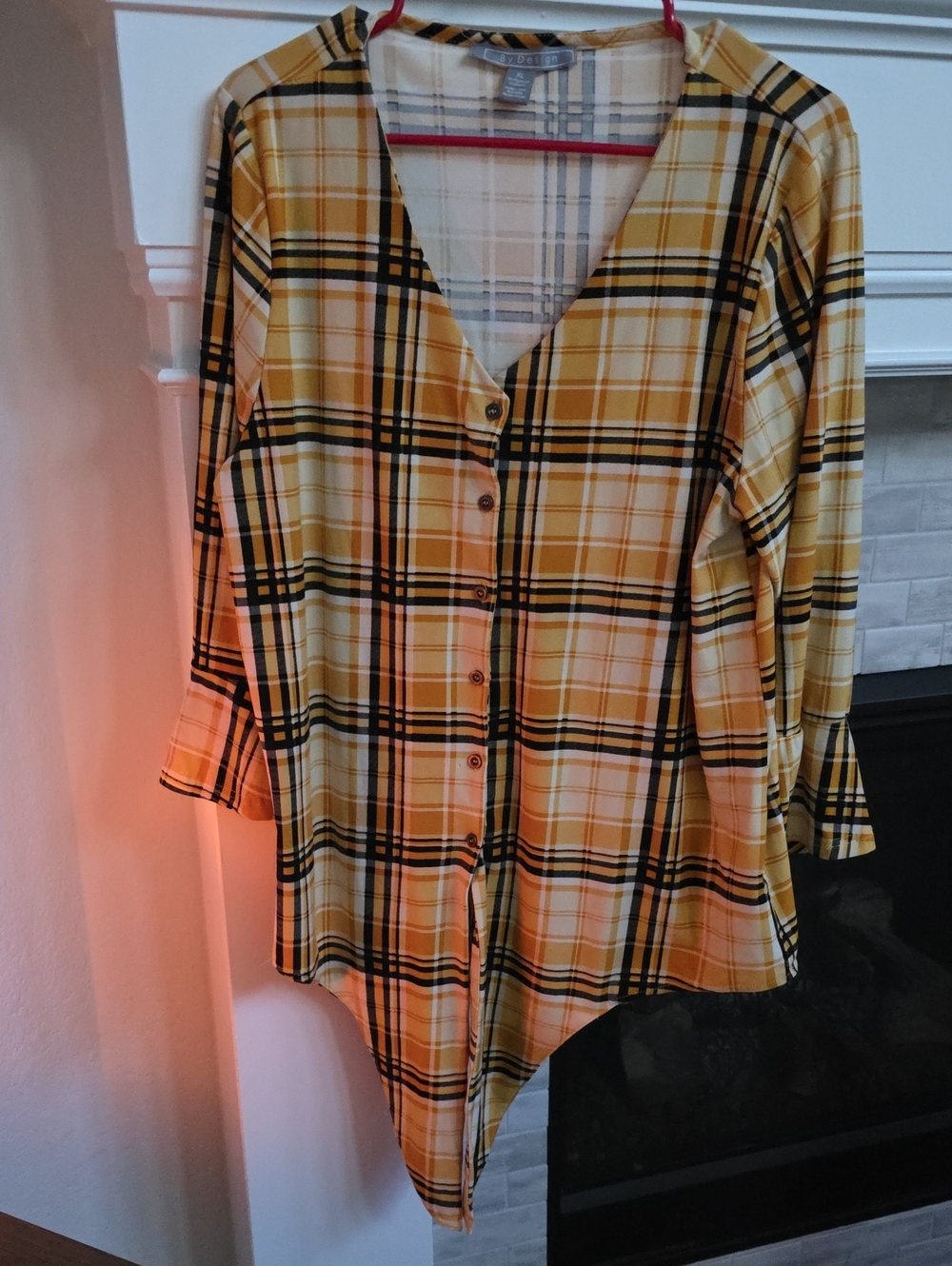 Women’s Yellow Plaid Button-Front V-Neck Top